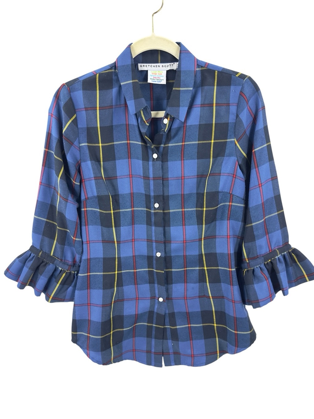 Gretchen Scott Duke Of York Priss Button Down Top Sz Medium Plaid Ruffle Sleeve - Picture 2 of 9